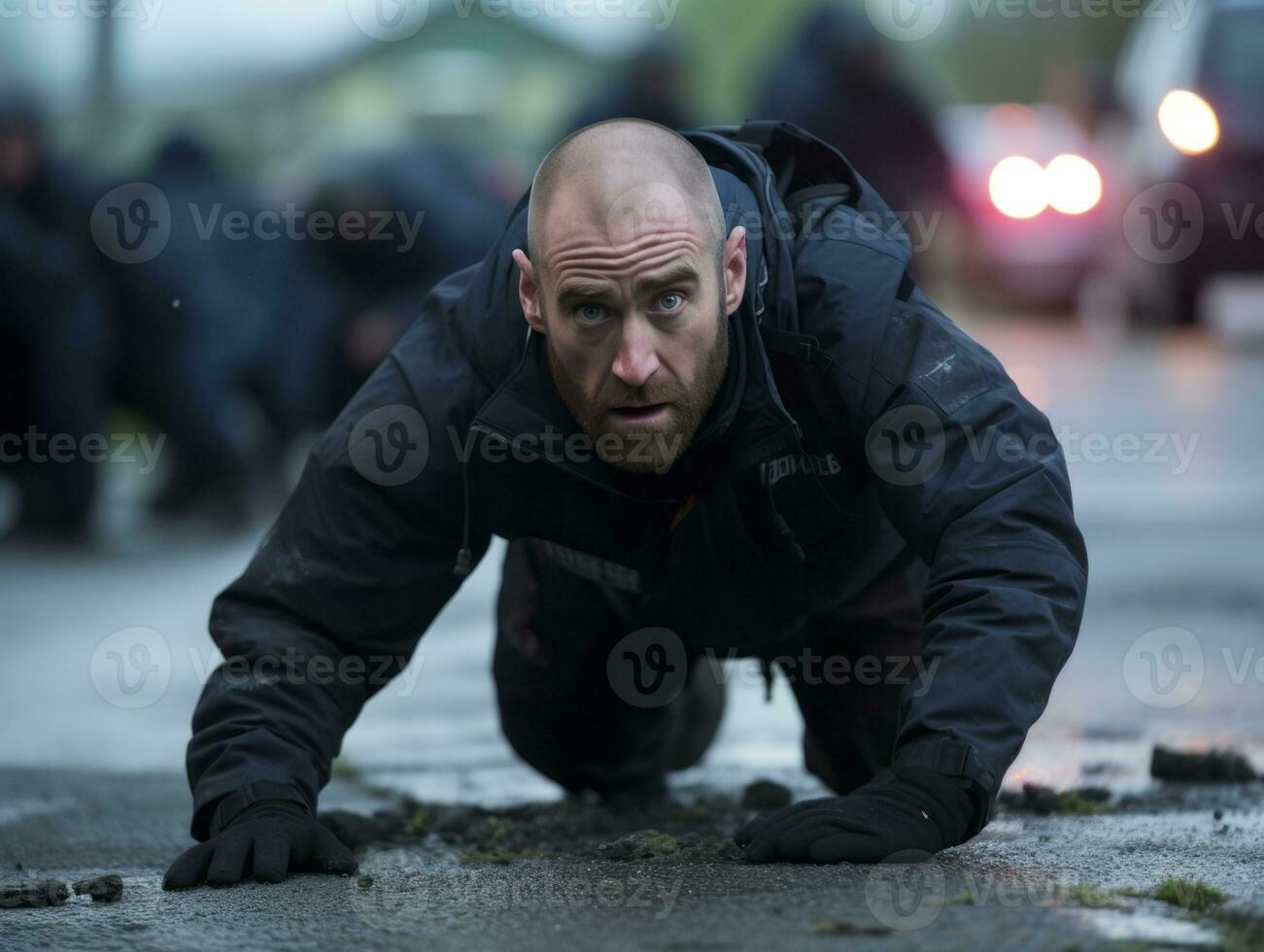 Policeman is meticulously examining the scene for evidence during his investigation AI Generative photo