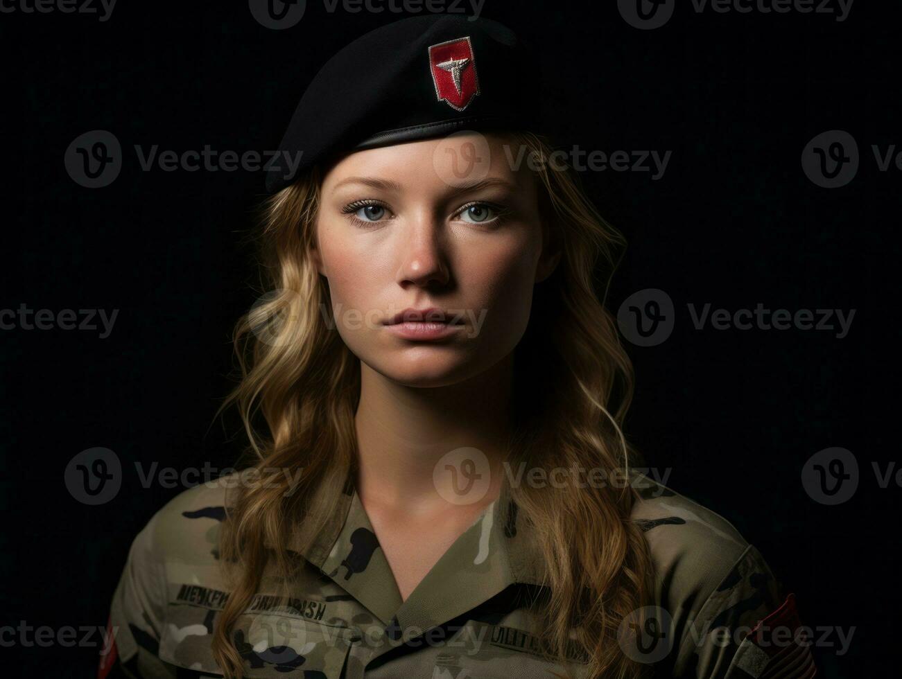 Woman serves as a dedicated and fearless soldier AI Generative photo