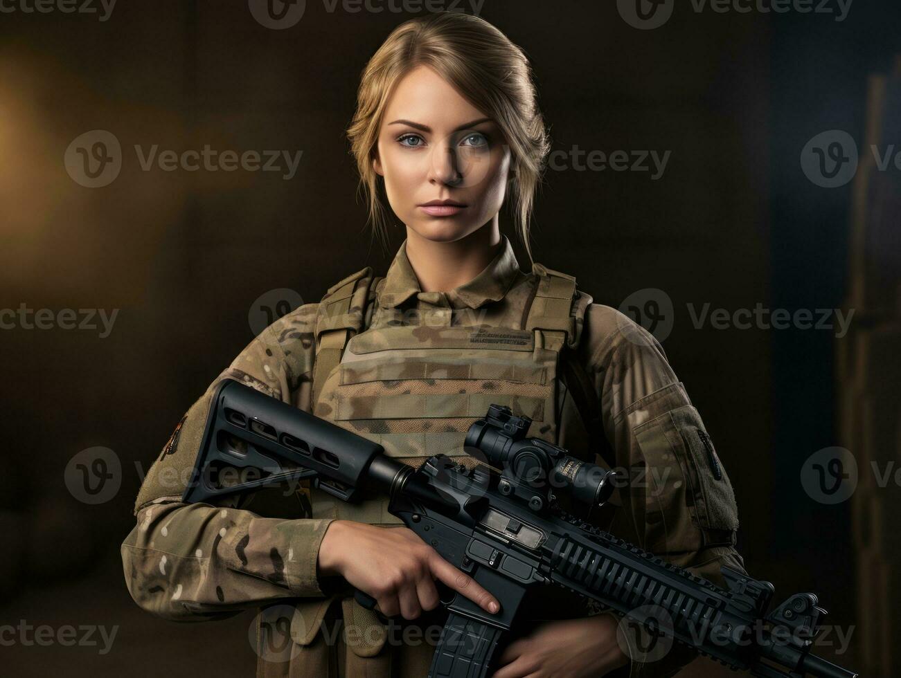 Woman serves as a dedicated and fearless soldier AI Generative photo