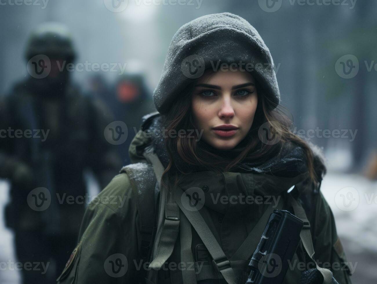 Woman serves as a dedicated and fearless soldier AI Generative photo