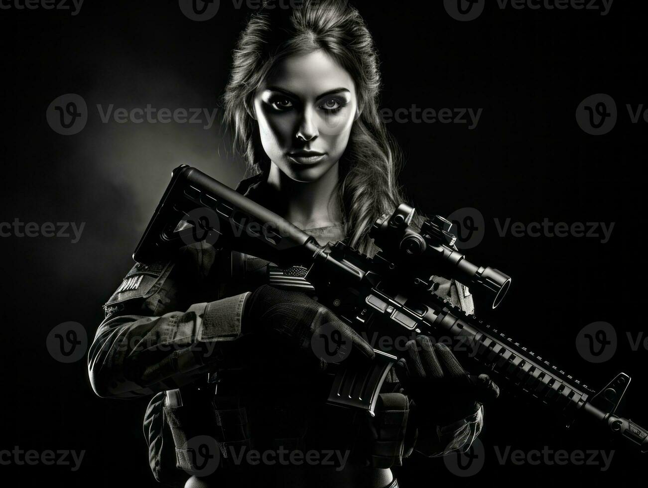 Woman serves as a dedicated and fearless soldier AI Generative photo