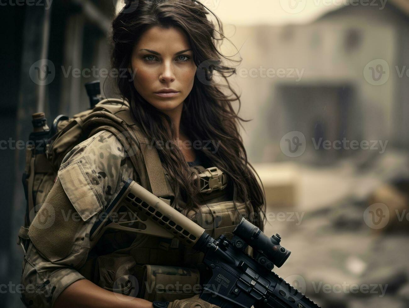 Woman serves as a dedicated and fearless soldier AI Generative photo
