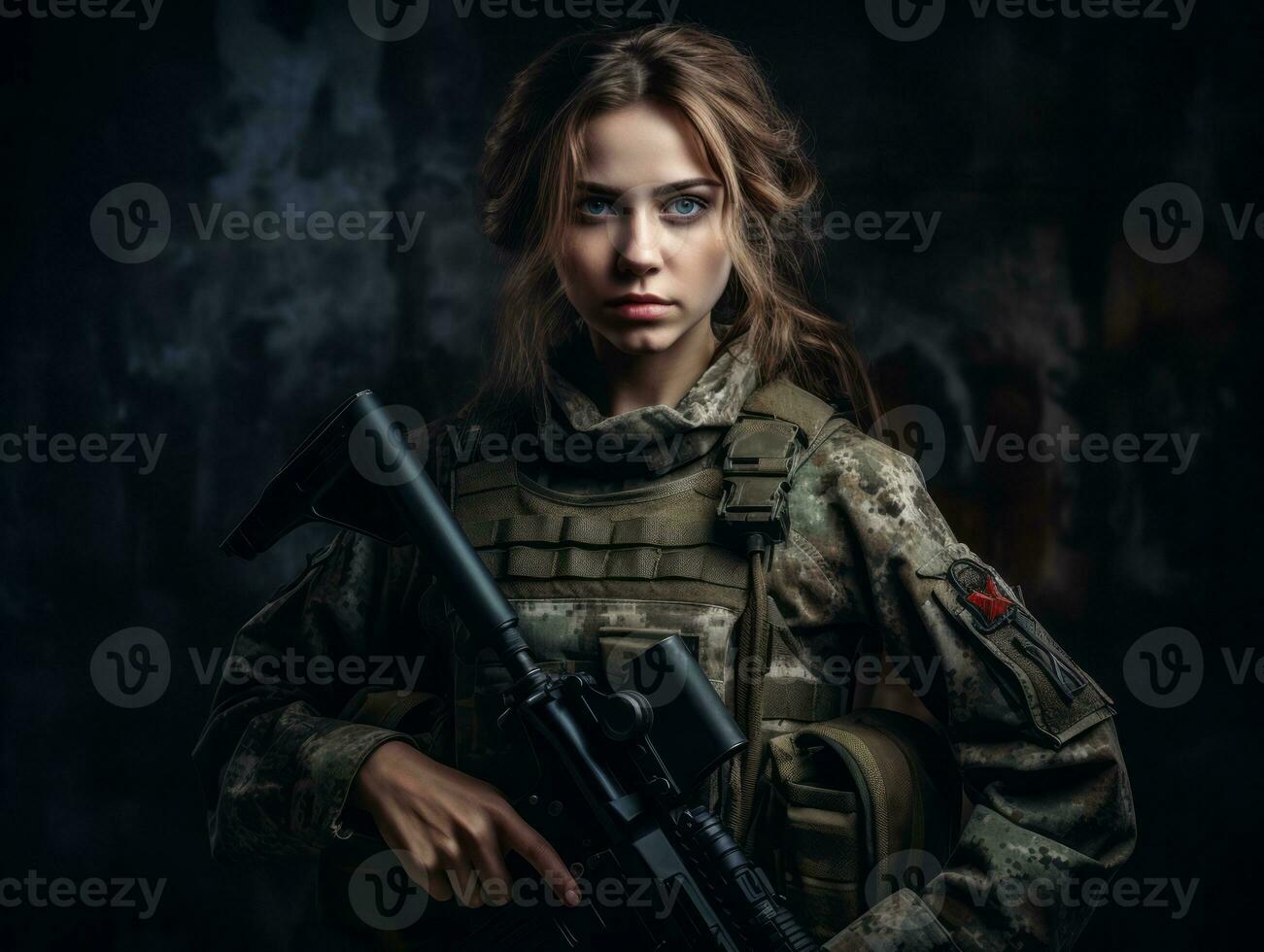 Woman serves as a dedicated and fearless soldier AI Generative photo