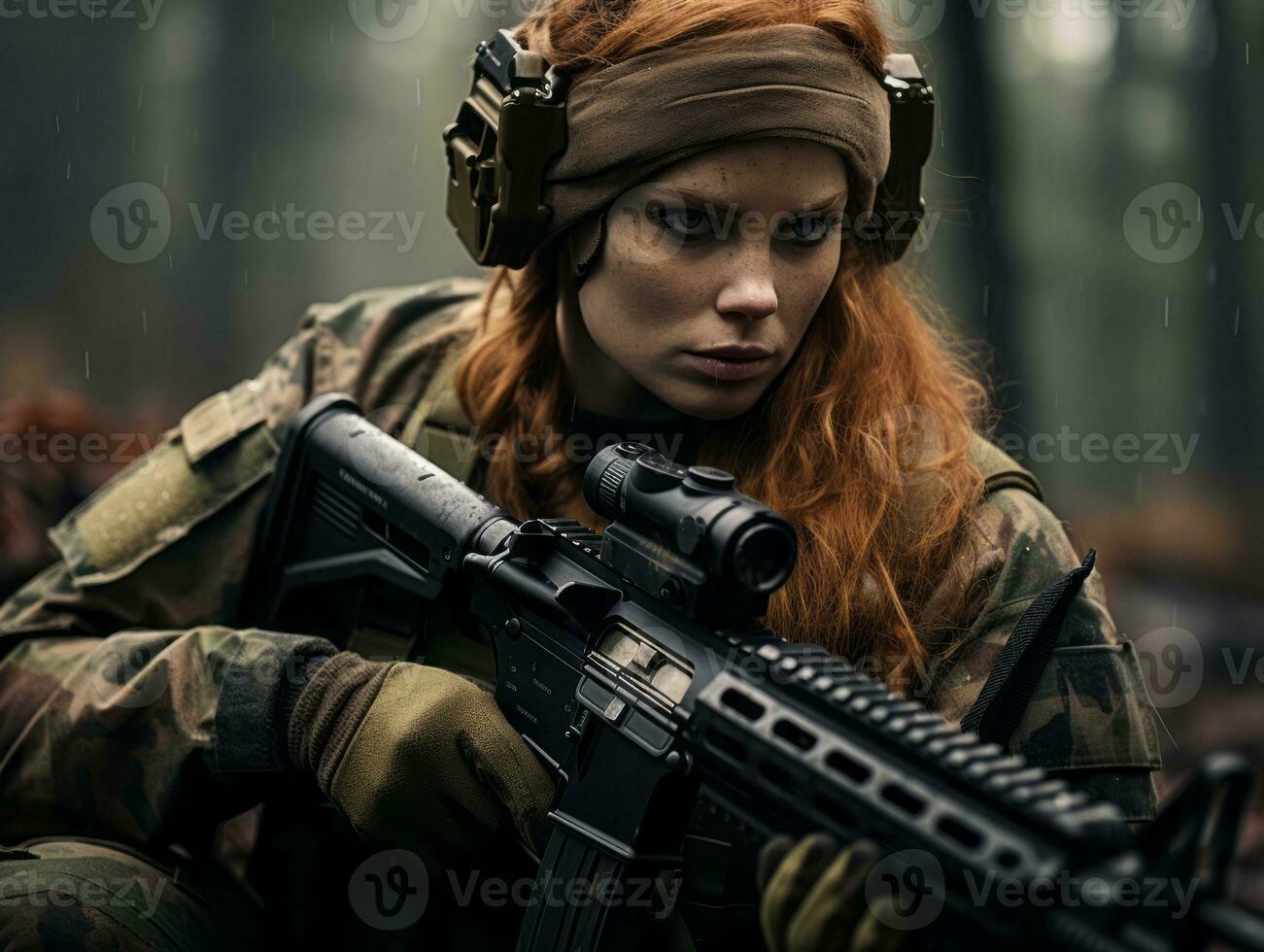 Woman serves as a dedicated and fearless soldier AI Generative photo