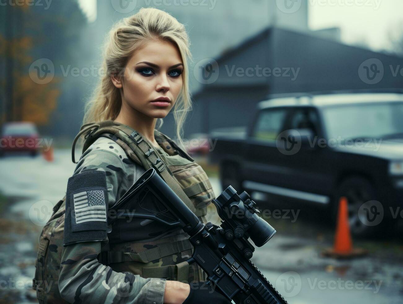 Woman serves as a dedicated and fearless soldier AI Generative photo