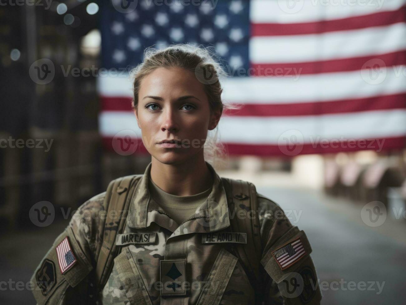 Woman serves as a dedicated and fearless soldier AI Generative photo