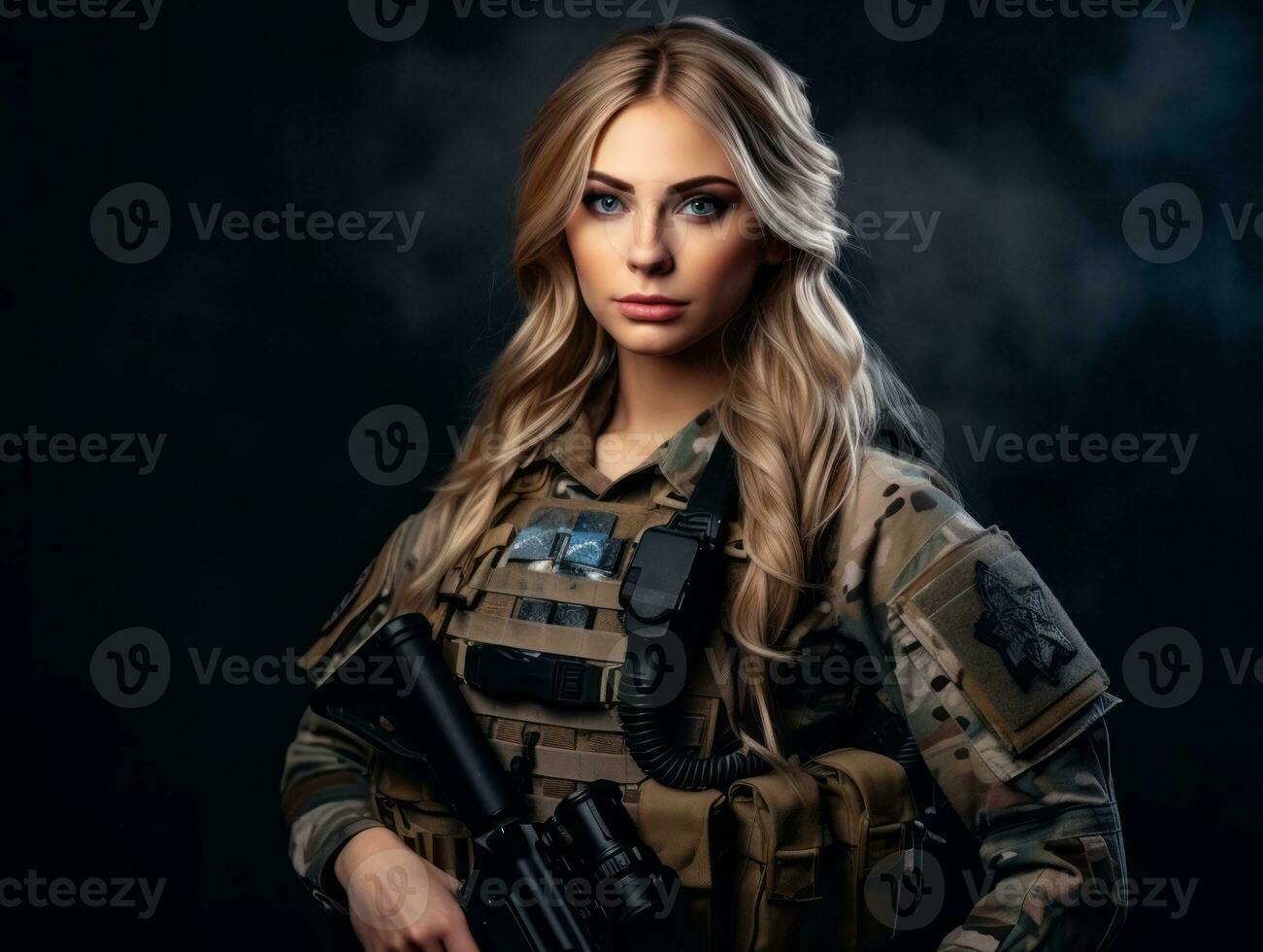 Woman serves as a dedicated and fearless soldier AI Generative photo