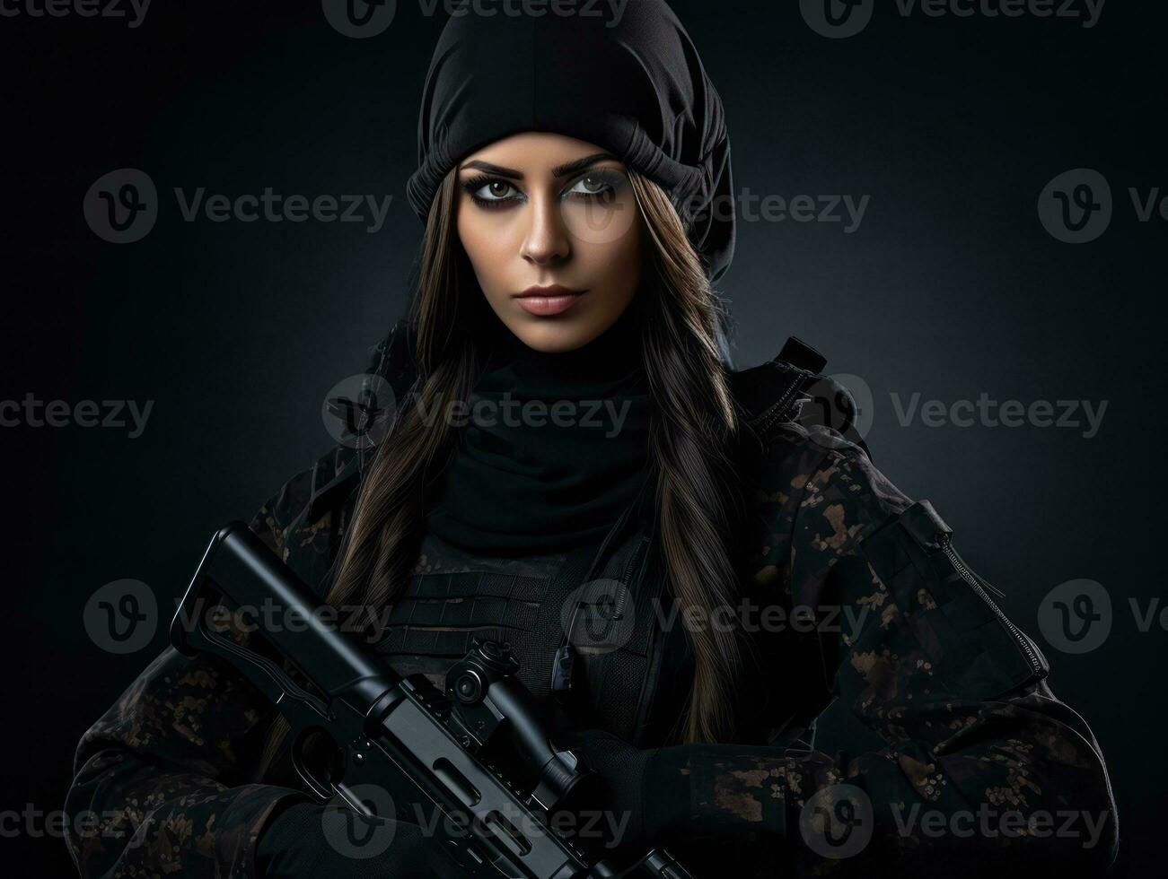 Woman serves as a dedicated and fearless soldier AI Generative photo