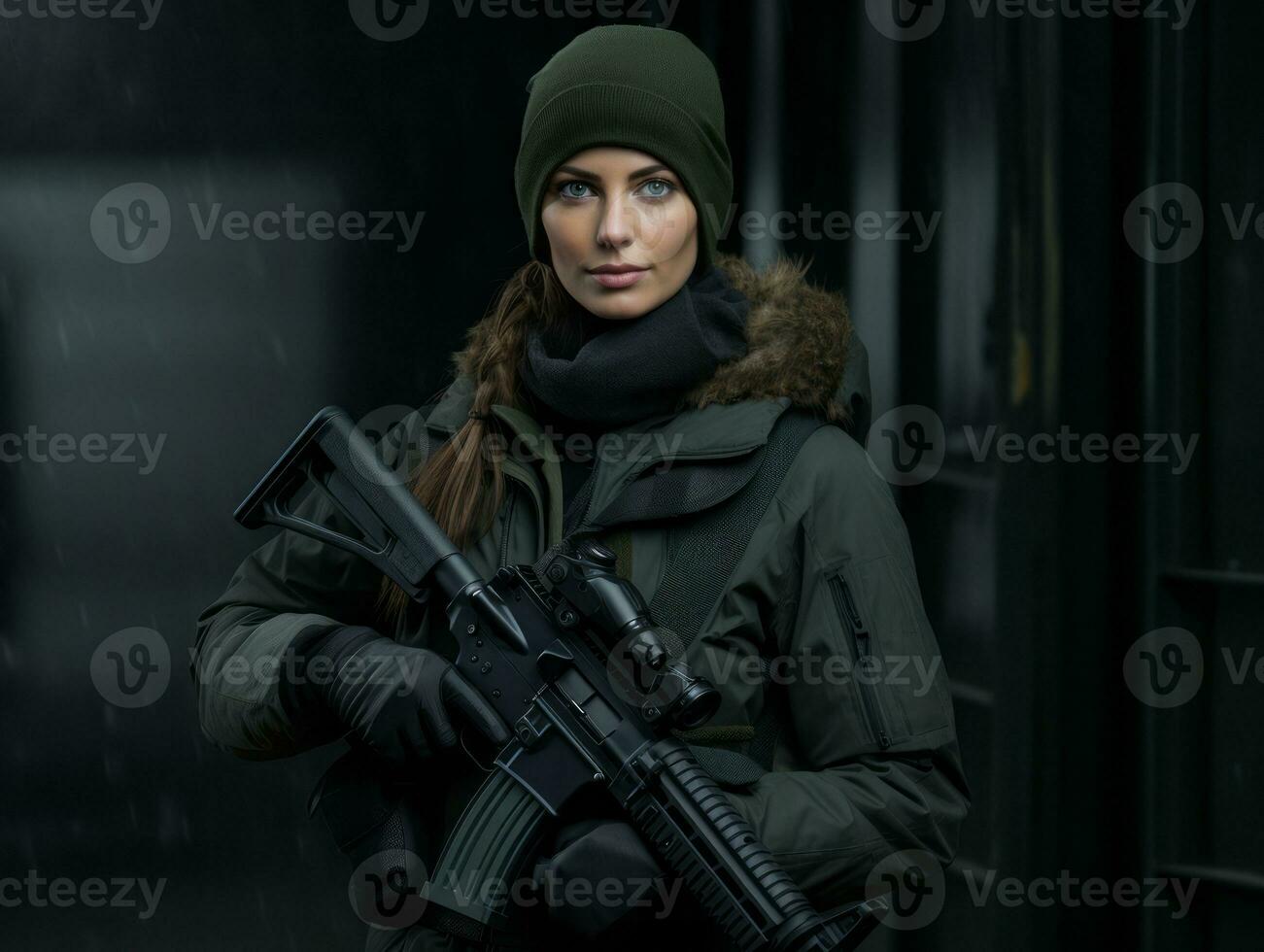 Woman serves as a dedicated and fearless soldier AI Generative photo