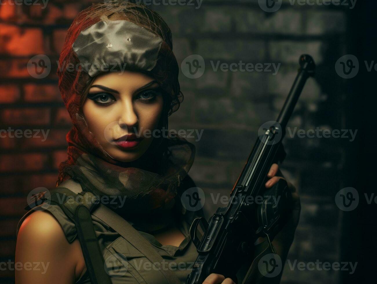 Woman serves as a dedicated and fearless soldier AI Generative photo