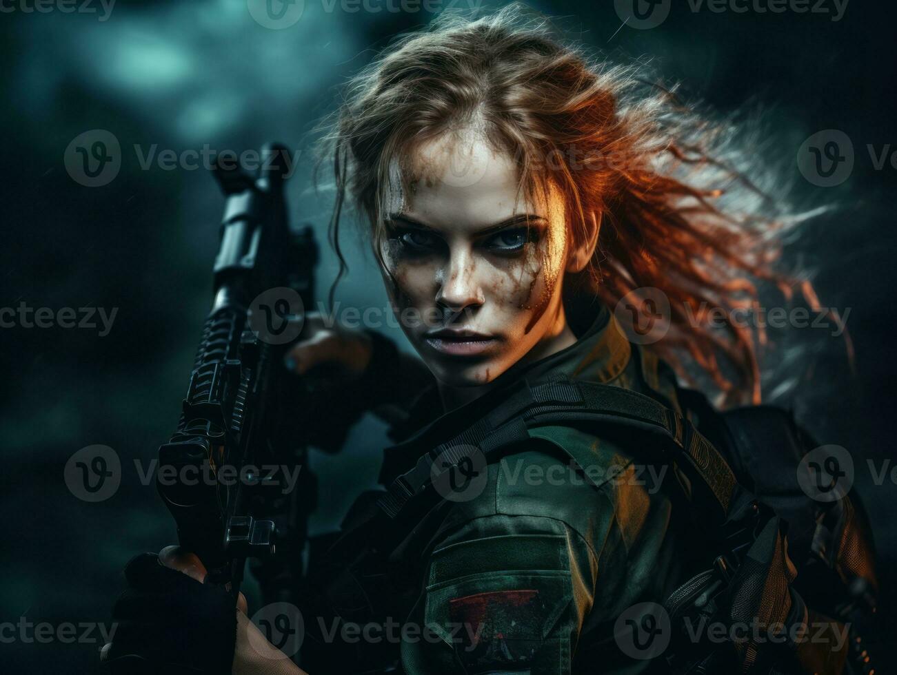 Woman serves as a dedicated and fearless soldier AI Generative photo