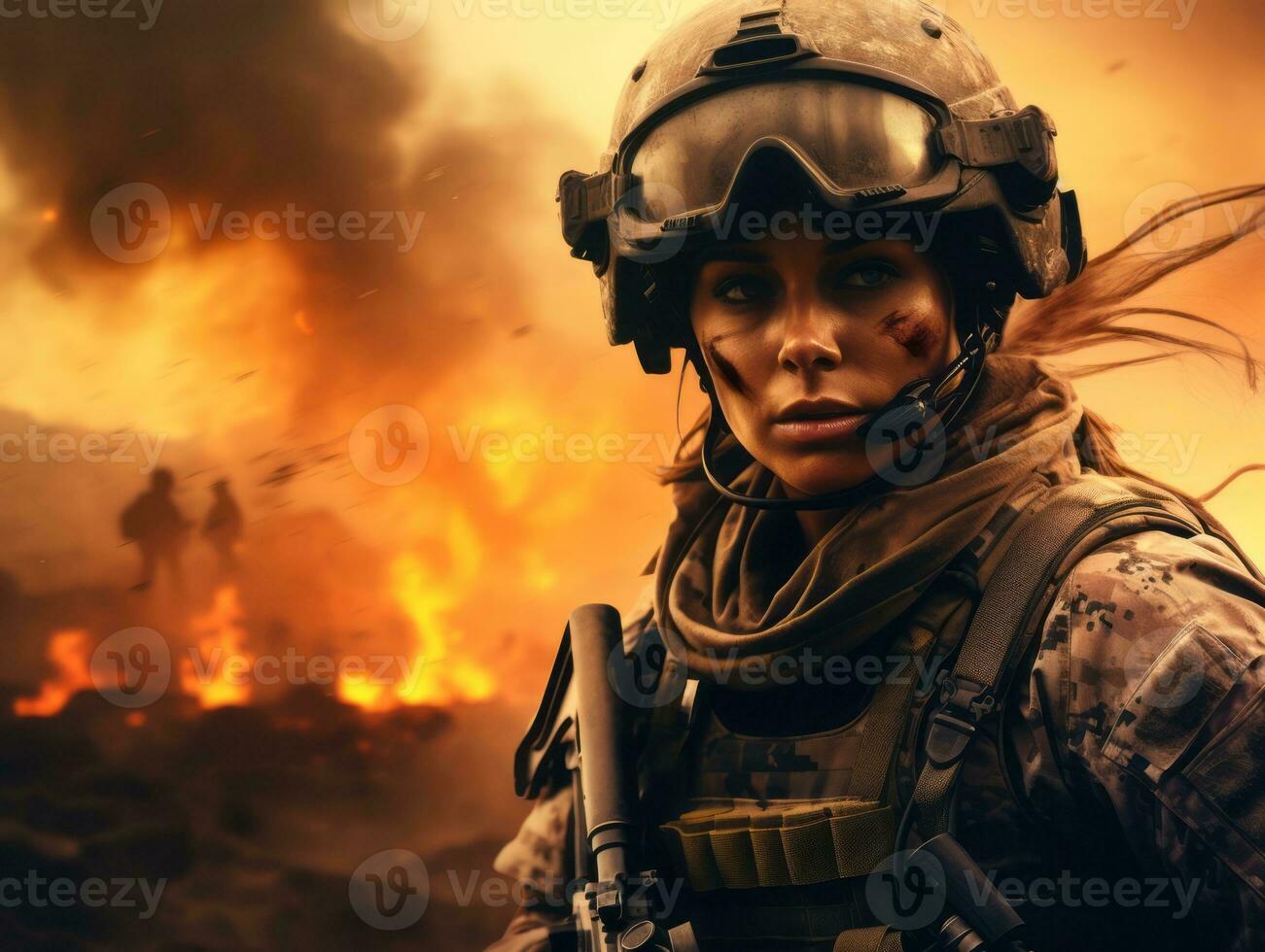 Woman serves as a dedicated and fearless soldier AI Generative photo