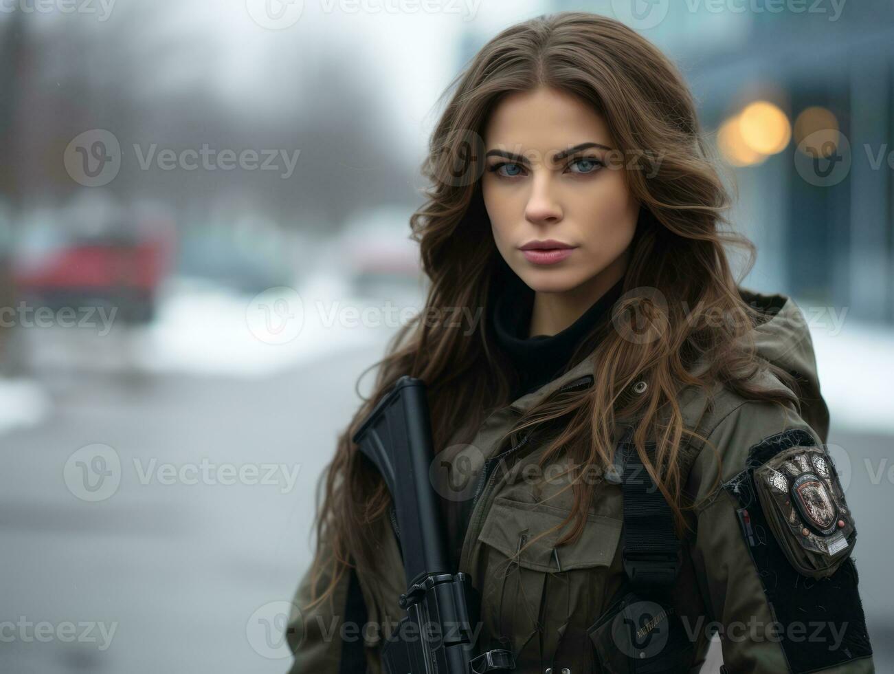 Woman serves as a dedicated and fearless soldier AI Generative photo