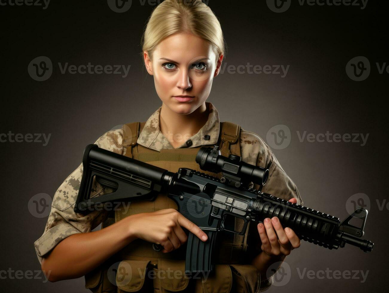 Woman serves as a dedicated and fearless soldier AI Generative photo