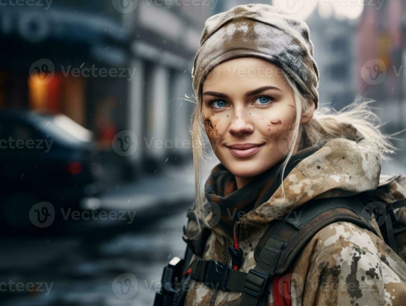 Woman serves as a dedicated and fearless soldier AI Generative photo