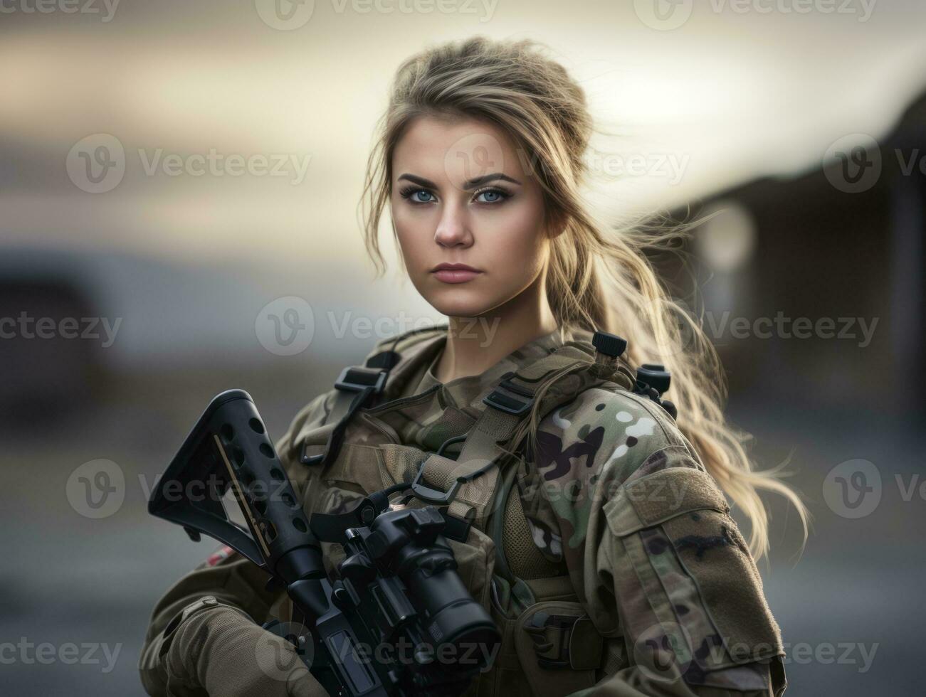 Woman serves as a dedicated and fearless soldier AI Generative photo