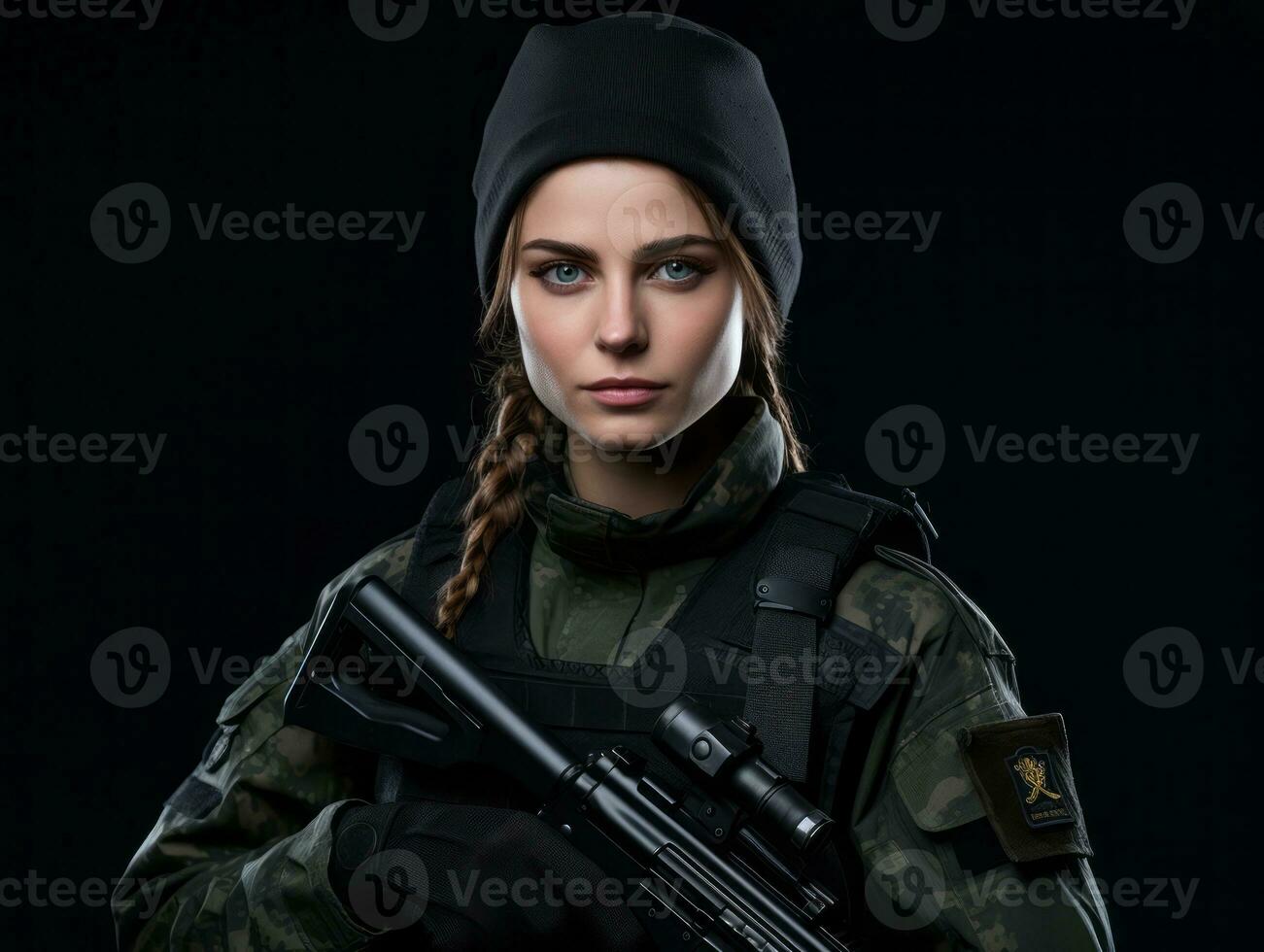 Woman serves as a dedicated and fearless soldier AI Generative photo