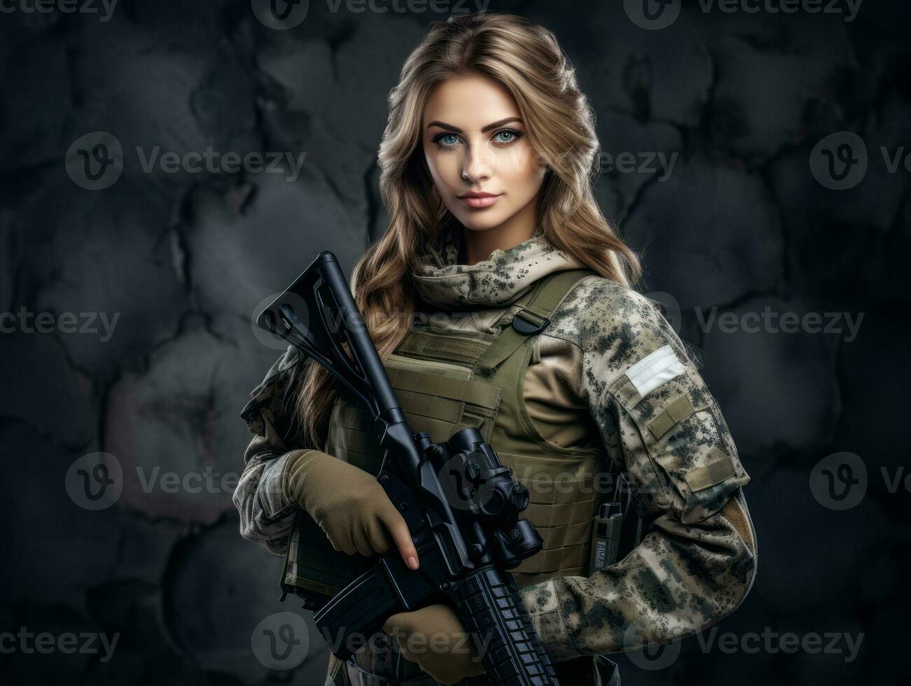 Woman serves as a dedicated and fearless soldier AI Generative photo