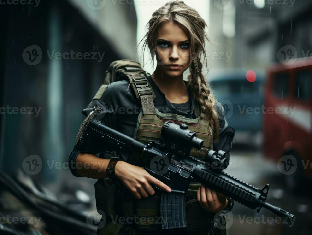 Woman serves as a dedicated and fearless soldier AI Generative photo