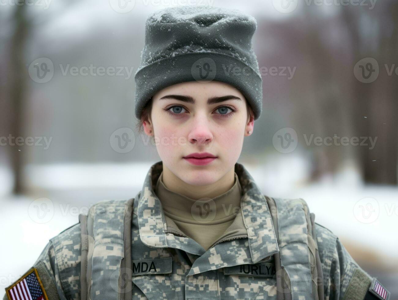 Woman serves as a dedicated and fearless soldier AI Generative photo