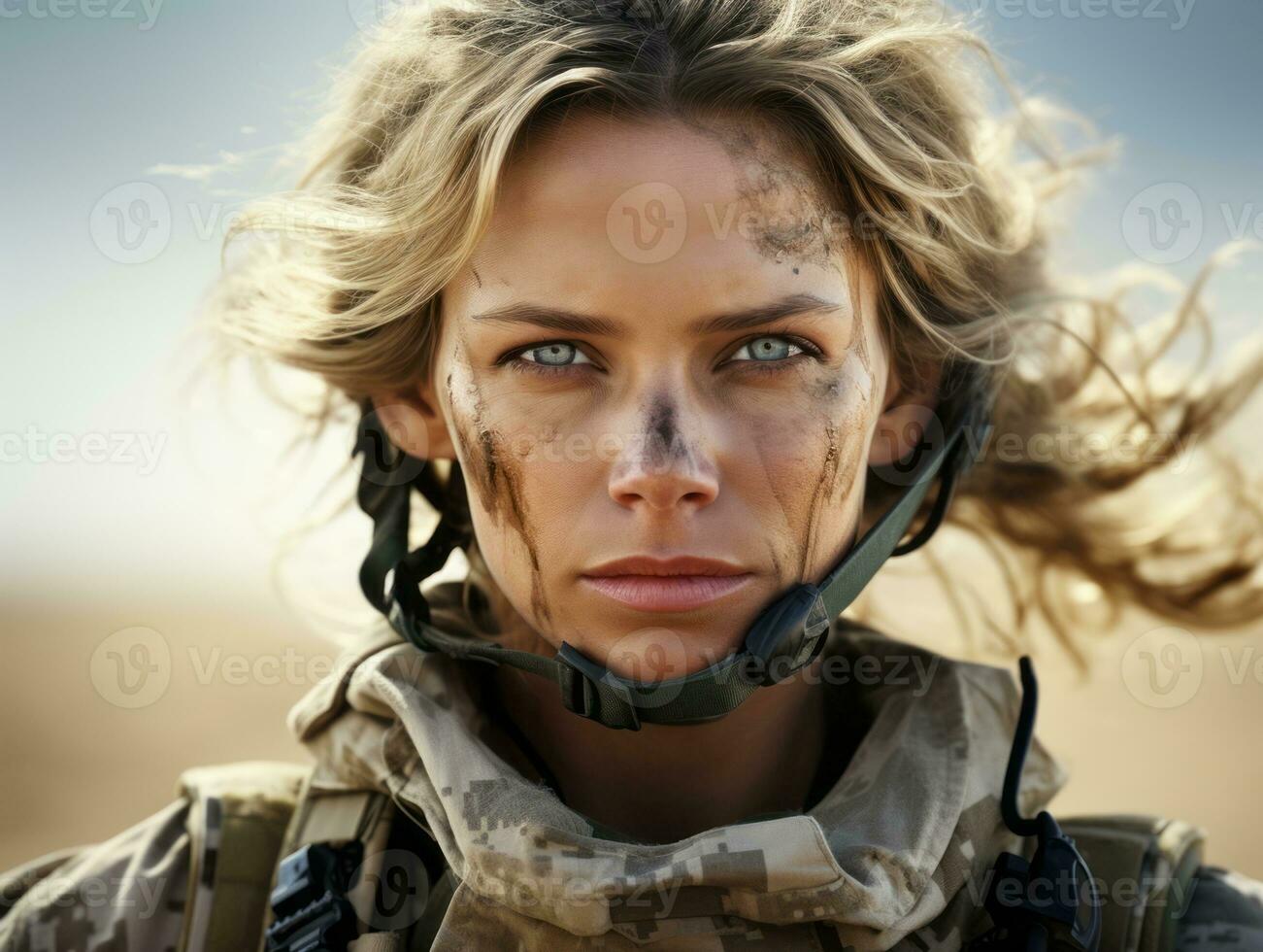 Woman serves as a dedicated and fearless soldier AI Generative photo