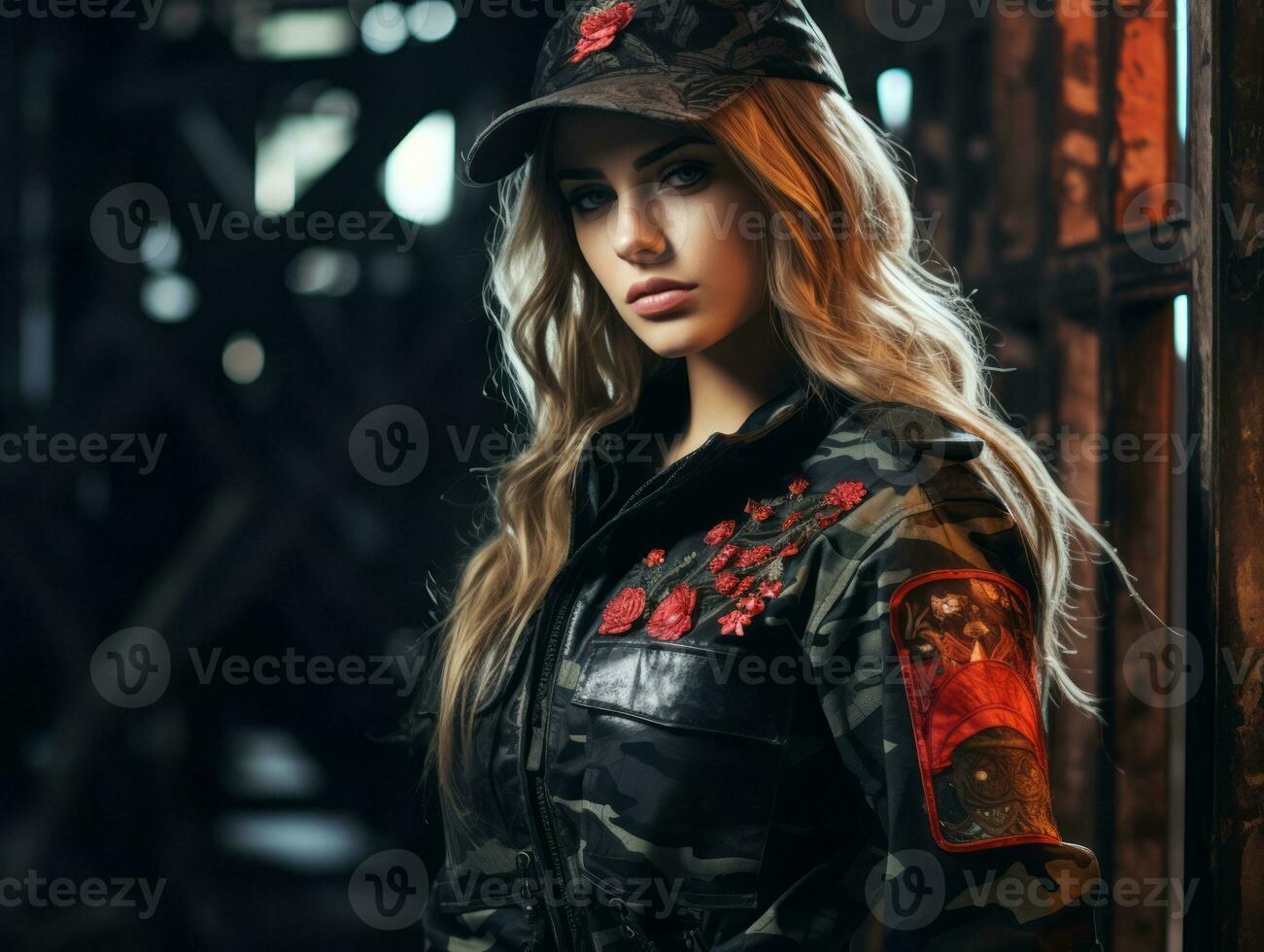 Woman serves as a dedicated and fearless soldier AI Generative photo