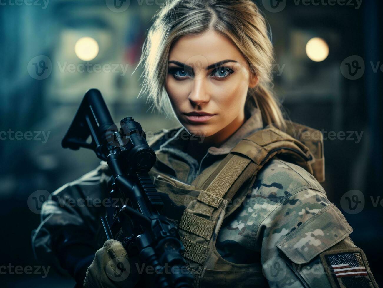 Woman serves as a dedicated and fearless soldier AI Generative photo