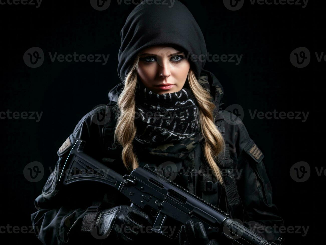 Woman serves as a dedicated and fearless soldier AI Generative photo