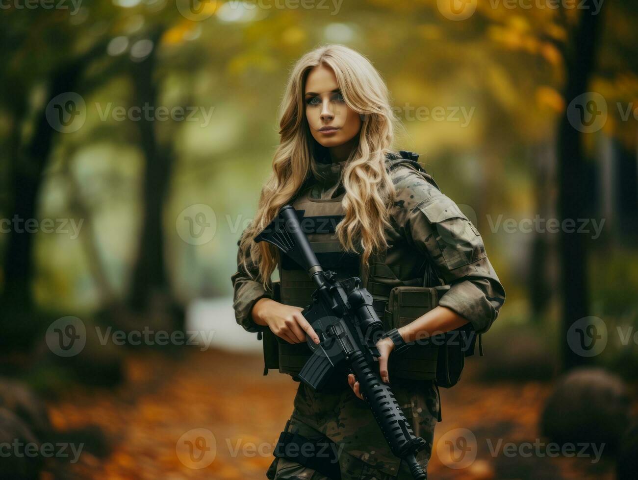 Woman serves as a dedicated and fearless soldier AI Generative photo