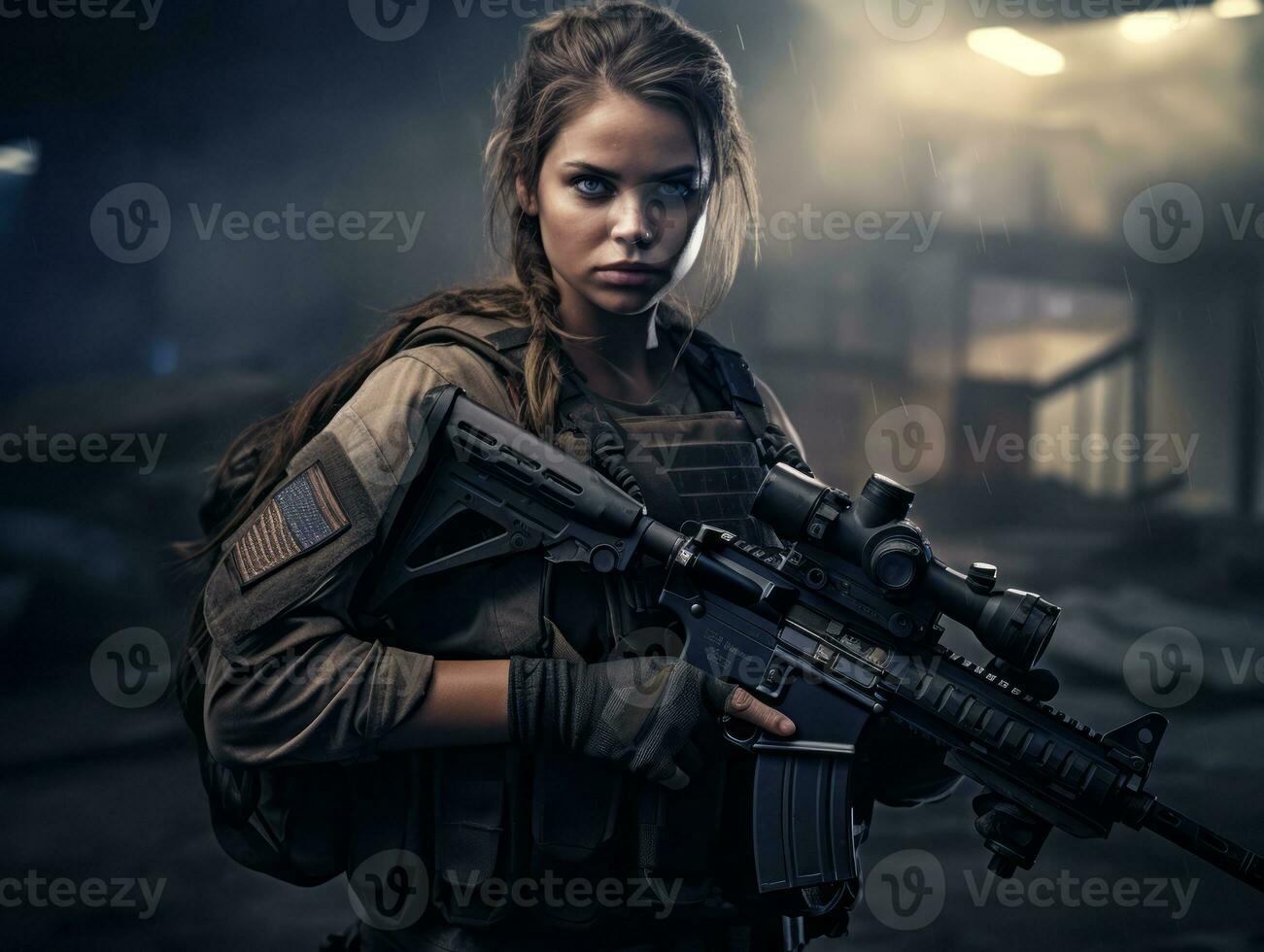Woman serves as a dedicated and fearless soldier AI Generative photo