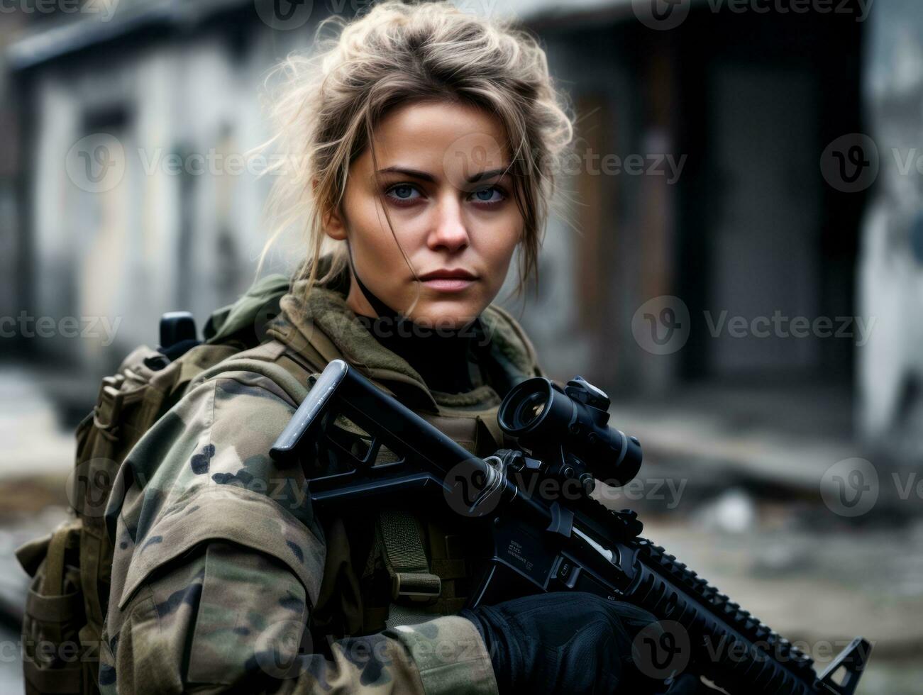 Woman serves as a dedicated and fearless soldier AI Generative photo