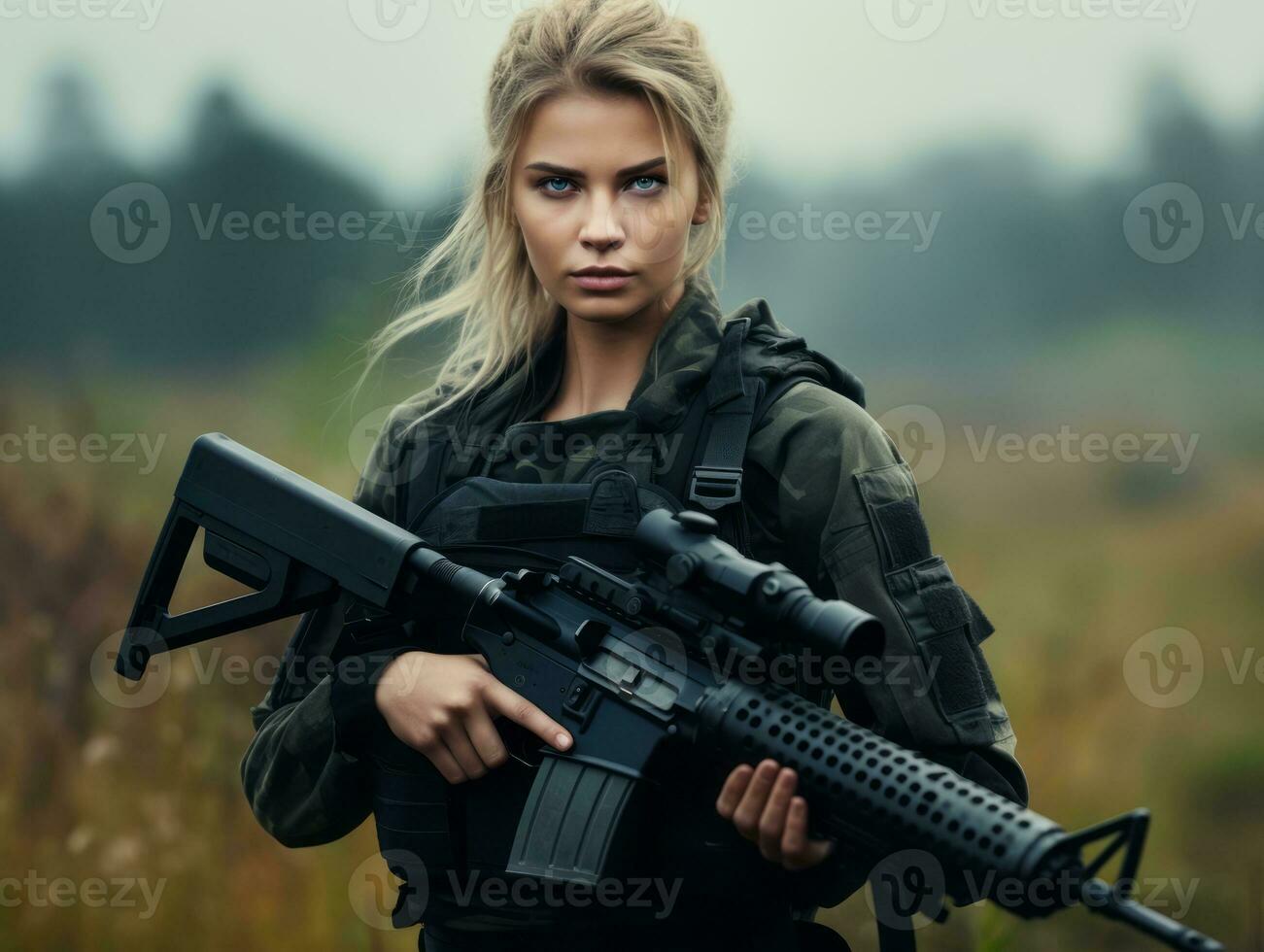 Woman serves as a dedicated and fearless soldier AI Generative photo