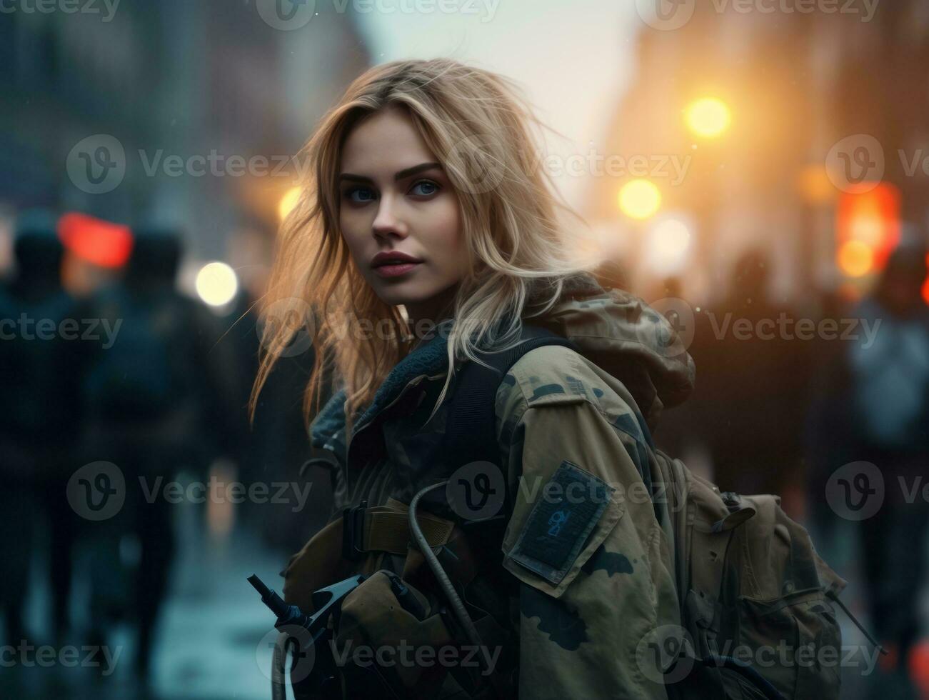 Woman serves as a dedicated and fearless soldier AI Generative photo
