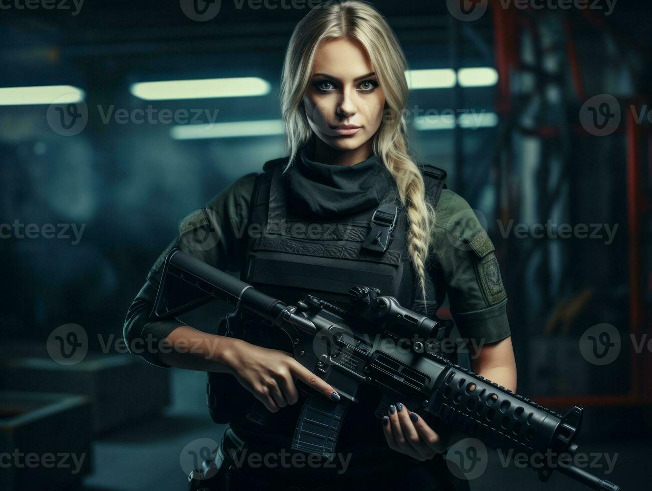 Woman serves as a dedicated and fearless soldier AI Generative photo