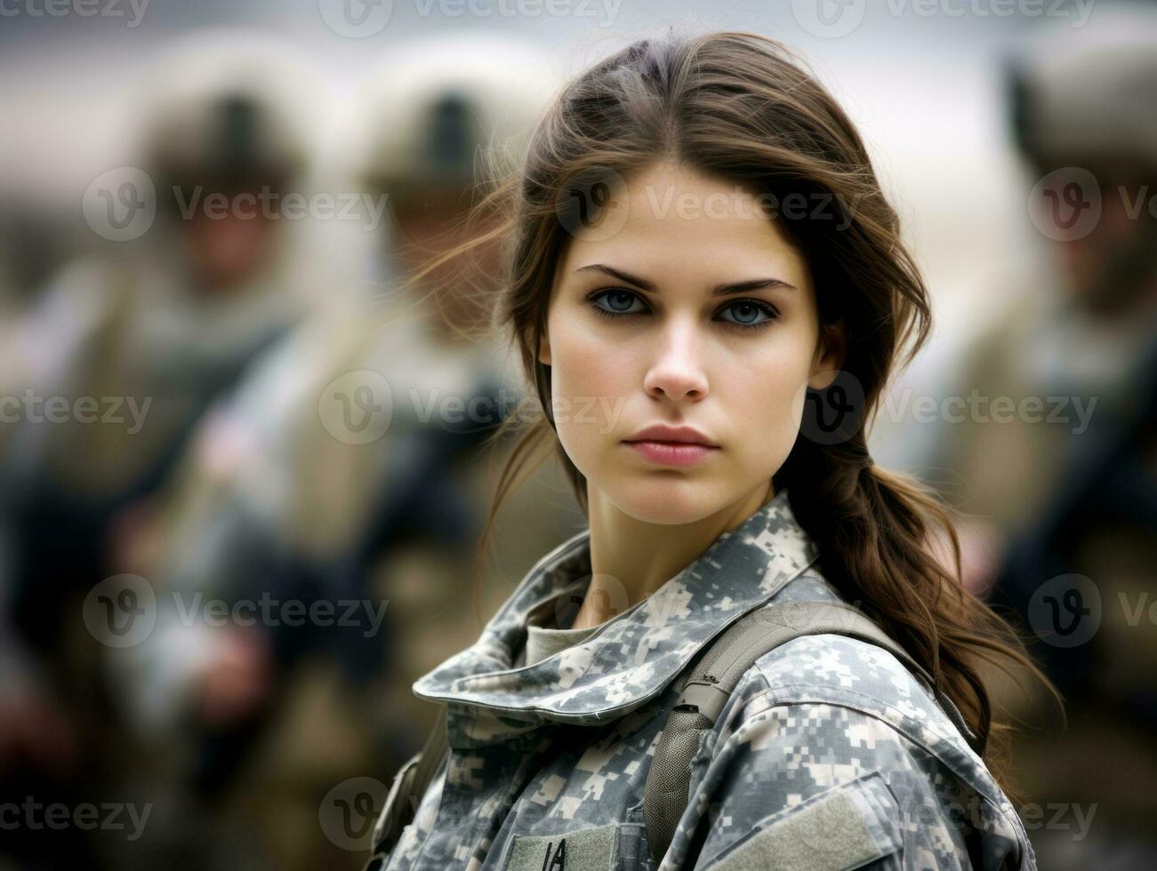 Woman serves as a dedicated and fearless soldier AI Generative photo