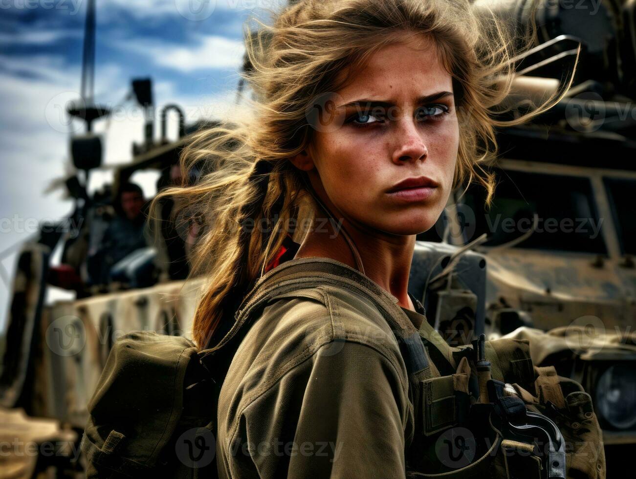 Woman serves as a dedicated and fearless soldier AI Generative photo