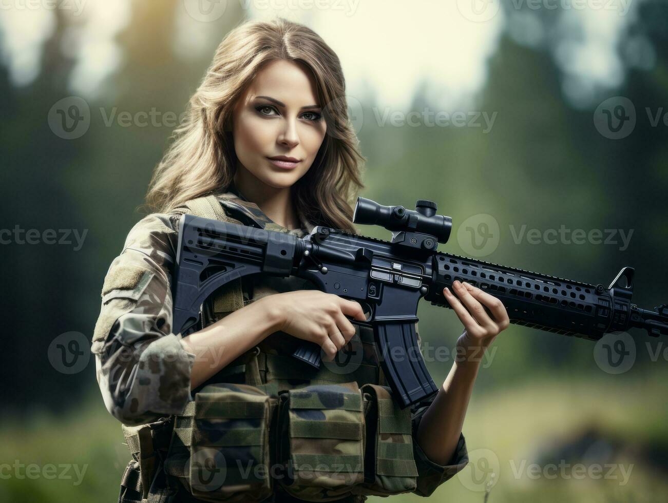 Woman serves as a dedicated and fearless soldier AI Generative photo