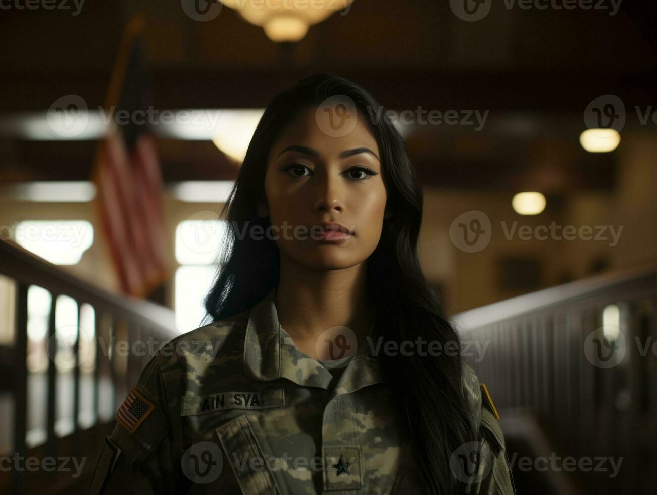 Woman serves as a dedicated and fearless soldier AI Generative photo