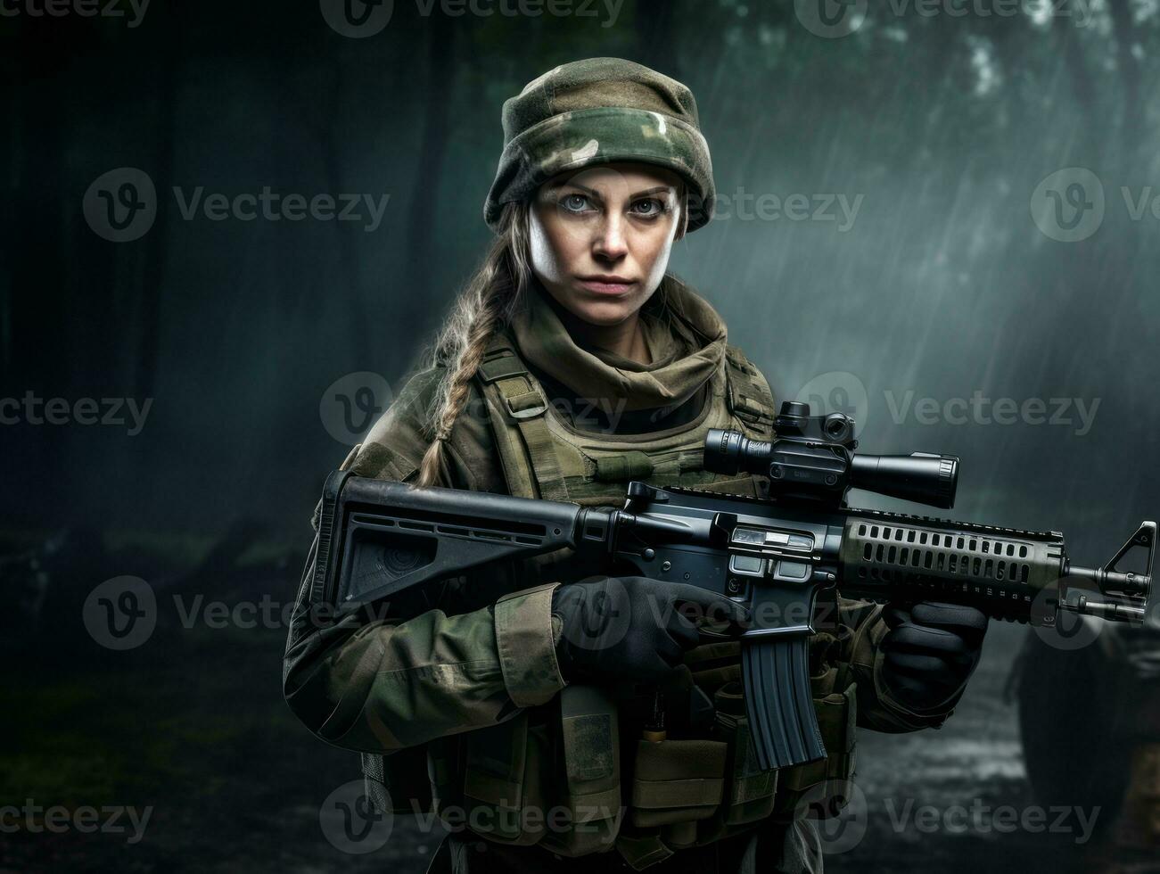 Woman serves as a dedicated and fearless soldier AI Generative photo