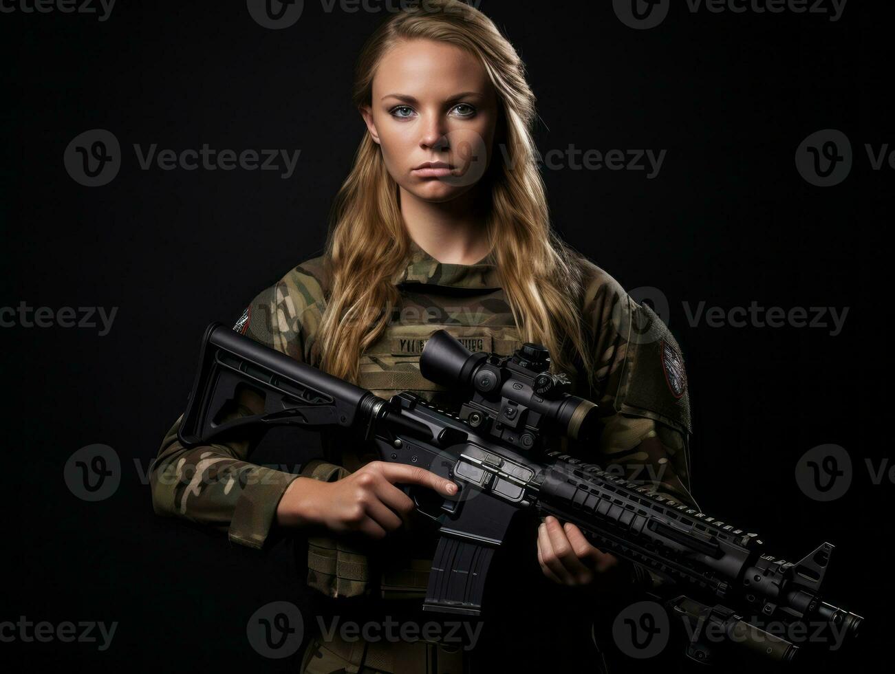 Woman serves as a dedicated and fearless soldier AI Generative photo