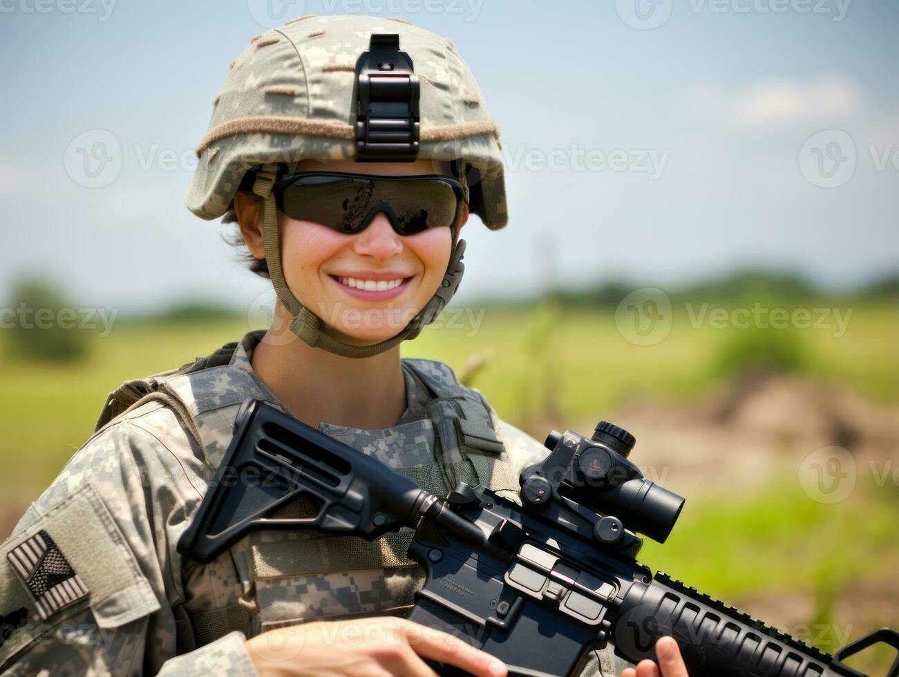 Woman serves as a dedicated and fearless soldier AI Generative photo