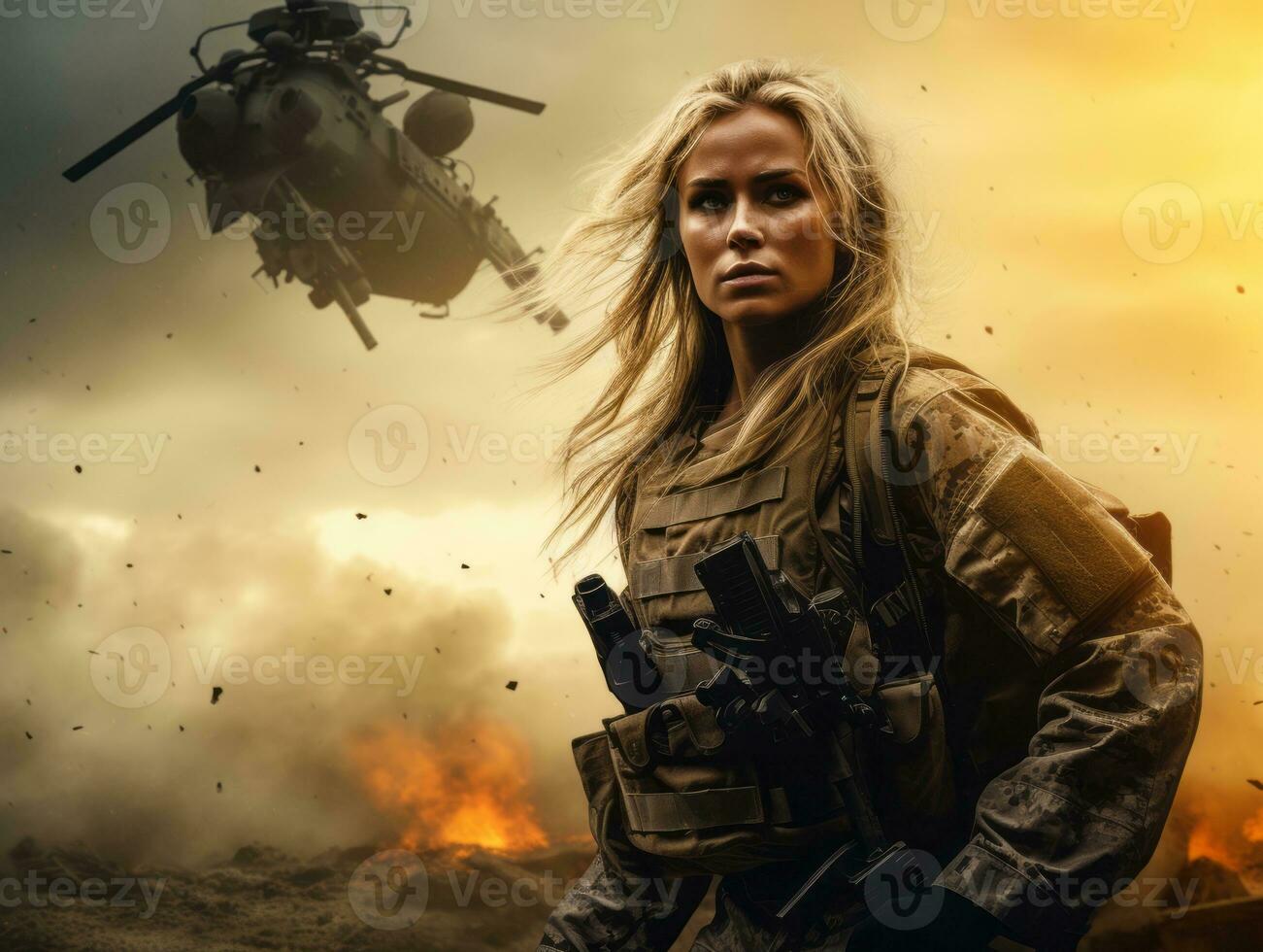 Woman serves as a dedicated and fearless soldier AI Generative photo