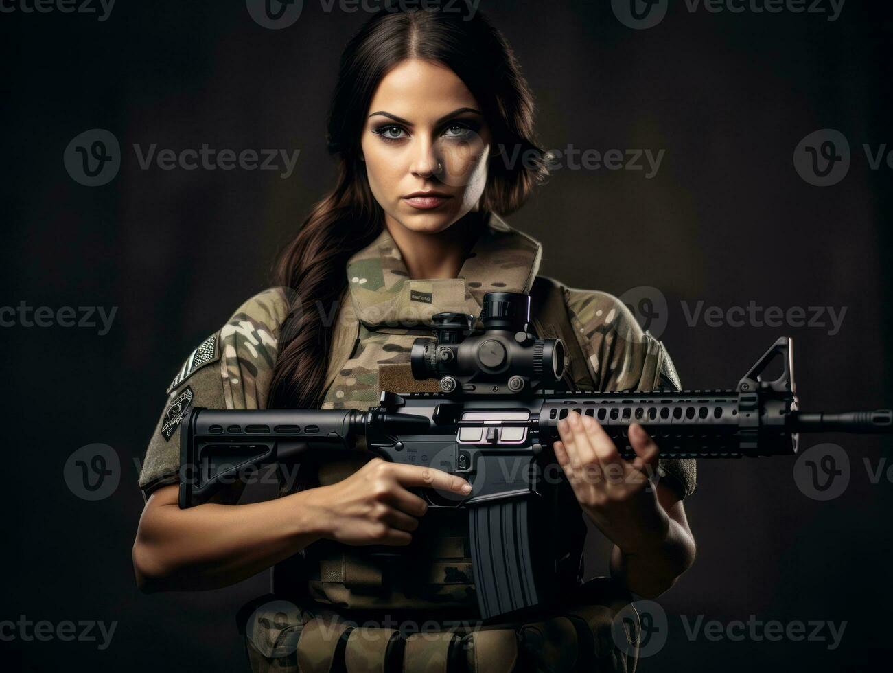 Woman serves as a dedicated and fearless soldier AI Generative photo