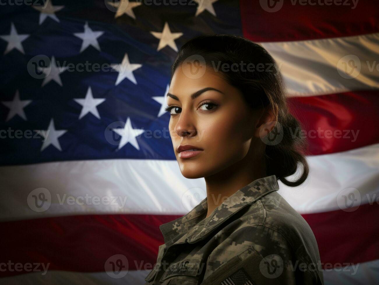 Woman serves as a dedicated and fearless soldier AI Generative photo