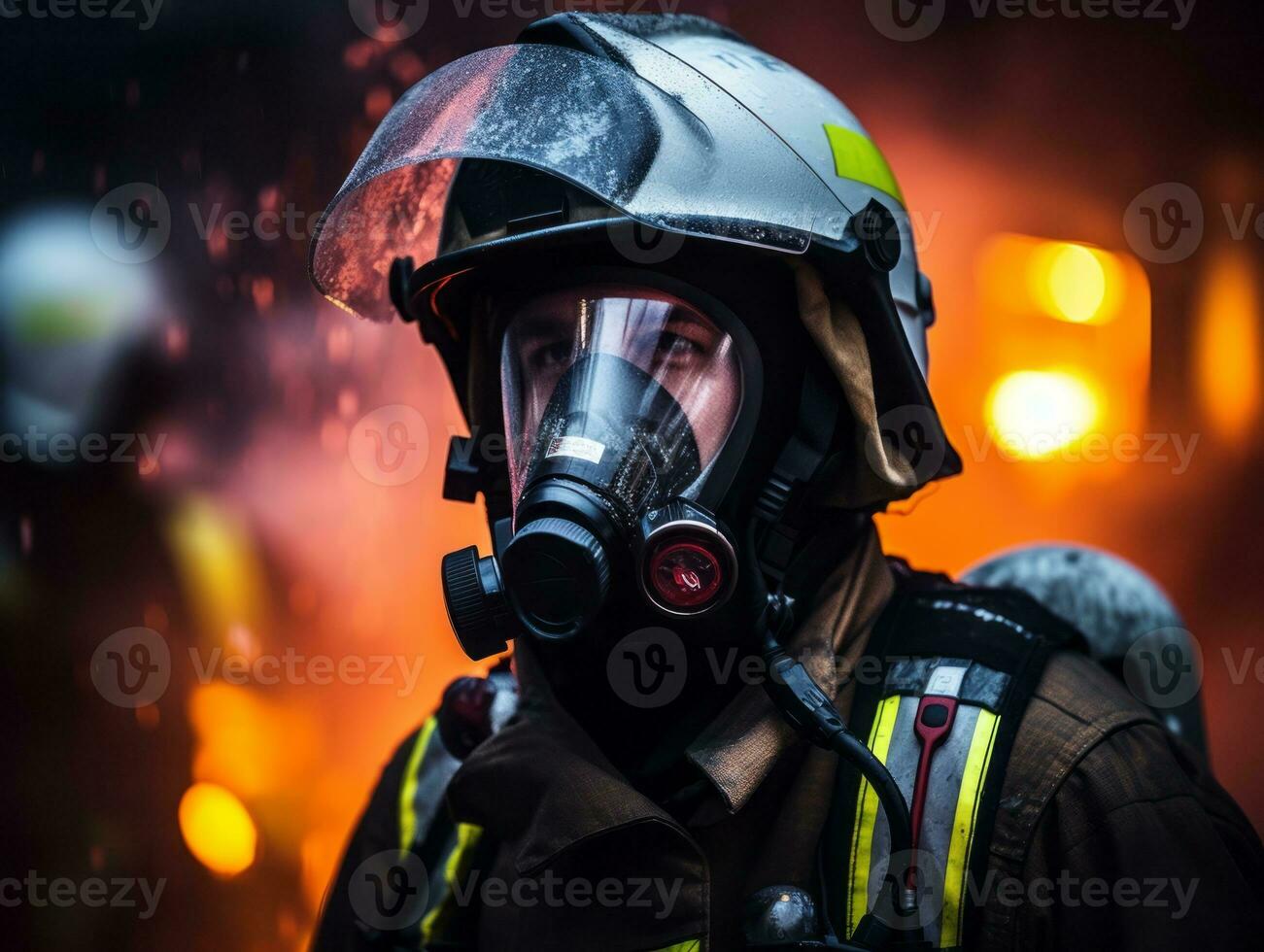 Courageous male firefighter fearlessly confronts the blazing inferno AI Generative photo