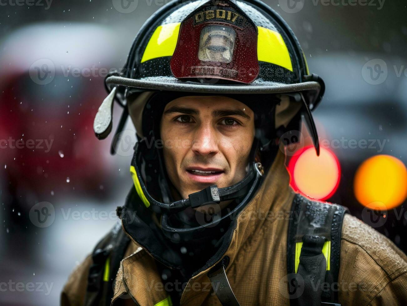 Courageous male firefighter fearlessly confronts the blazing inferno AI Generative photo