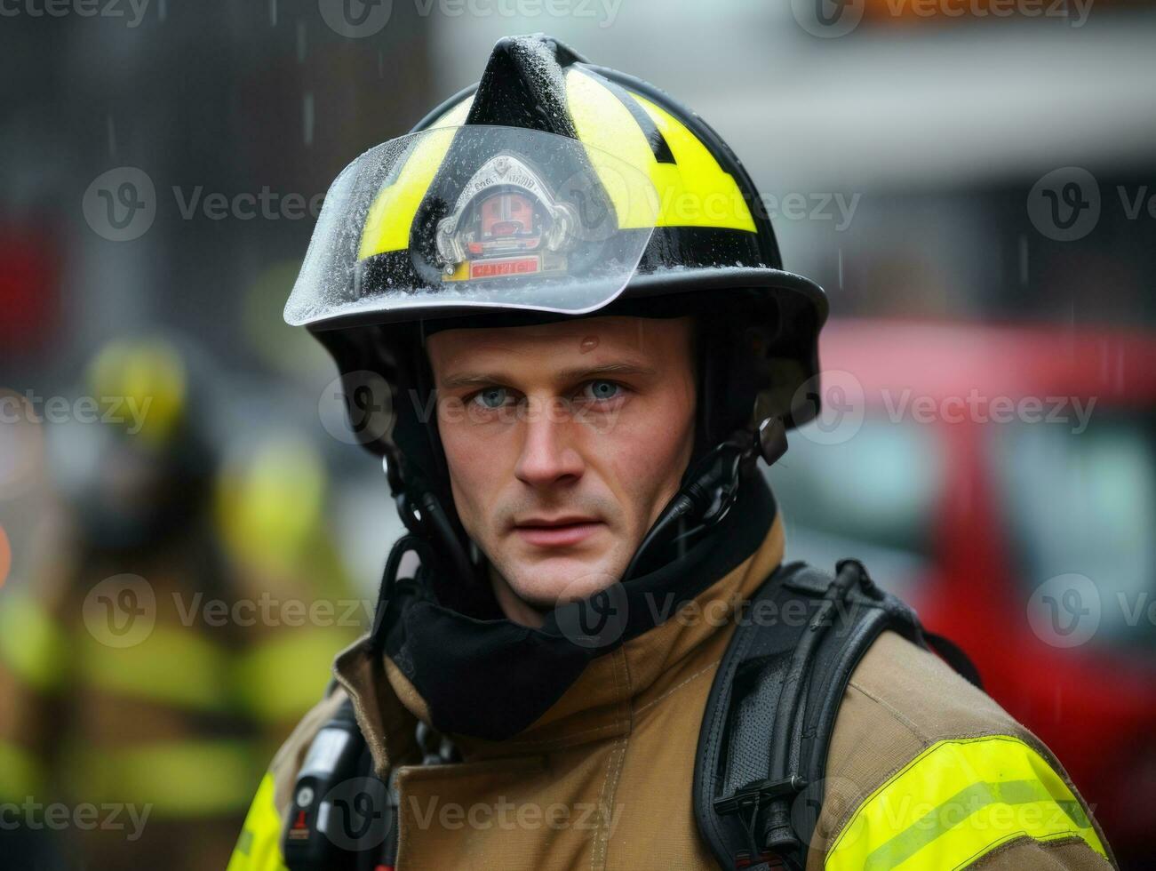 valiente masculino bombero sin miedo confronta el flameante infierno ai generativo foto