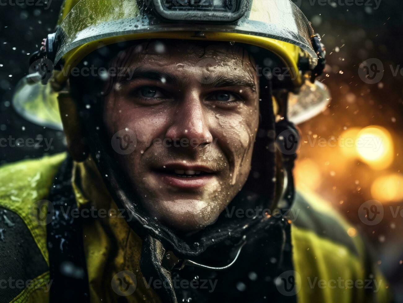 Courageous male firefighter fearlessly confronts the blazing inferno AI Generative photo