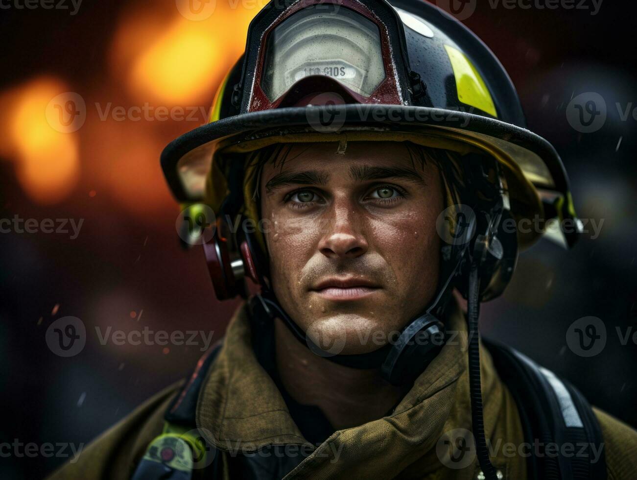 Courageous male firefighter fearlessly confronts the blazing inferno AI Generative photo