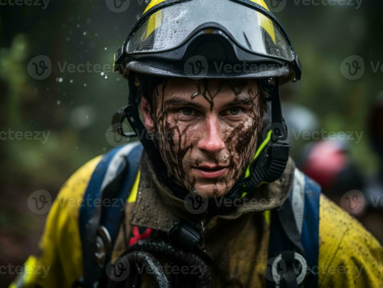 Courageous male firefighter fearlessly confronts the blazing inferno AI Generative photo